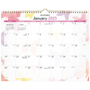 AT-A-GLANCE Watercolors Monthly Wall Calendar, 12 Monnth, 15&quot; x 12&quot;, January 2025 - December 2025