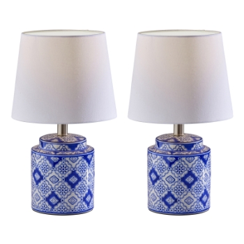 Adesso Home Polly Lamp Set, 17&quot;H, White Fabric Shade, White/Blue Ceramic, 2/Pack