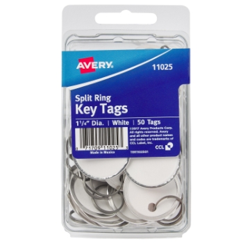 Avery Metal Split Rim Key Tags, 1-1/4&quot; dia, White, 50/Pack