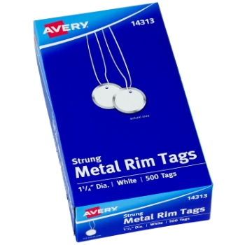 Avery Metal Rim Key Tags, 1-1/4&quot; dia, Includes Strings, White, 500/Box