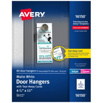 Avery Printable Door Hangers with Tear-Away Cards For Laser or Inkjet Printers, Uncoated, 4.25&quot; x 11&quot;, Matte White, 80 Sheets/Pack