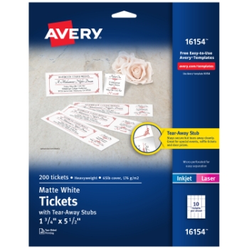 Avery Printable Tickets with Tear-Away Stubs For Laser or Inkjet Printers, Uncoated, 1.75&quot; x 5.5&quot;, Matte White, 200/Pack