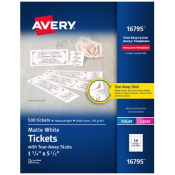 Avery Printable Tickets with Tear-Away Stubs For Laser or Inkjet Printers, Uncoated, 1.75&quot; x 5.5&quot;, Matte White, 500/Pack