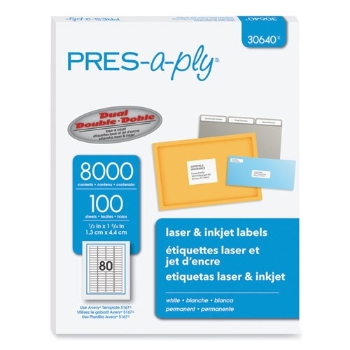 PRES-a-ply White Labels, 1/2&quot; x 1-3/4&quot;, Permanent-Adhesive, 80 Labels/Sheet, 100 Sheets/Pack