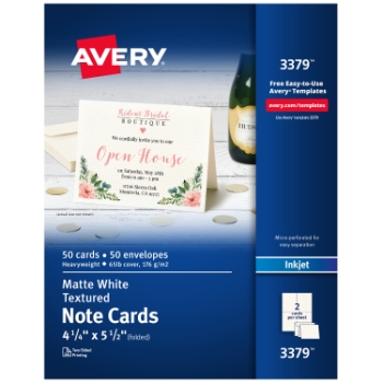 Avery Printable Note Cards For Inkjet Printers, Uncoated, Textured, 4.25&quot; x 5.5&quot;, Matte White, 2 Cards/Sheet, 25 Sheets/Box