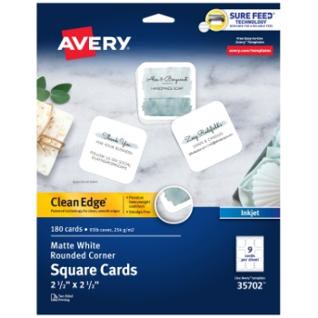 Avery Clean Edge Printable Square Cards For Inkjet Printers, Rounded Corners, 2.5&quot; x 2.5&quot;, White, 9 Cards/Sheet, 20 Sheets/Case