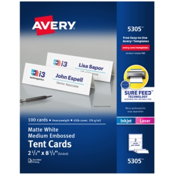 Avery Printable Tent Cards For Laser or Inkjet Printers, Uncoated, 2.5&quot; x 8.5&quot;, White with Embossed Border, 2 Cards/Sheet, 50 Sheets/Box