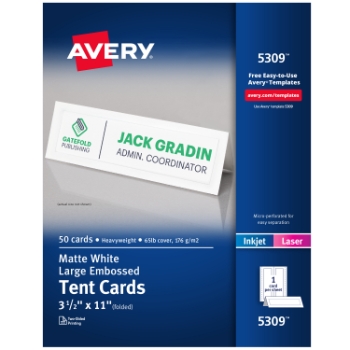 Avery Printable Large Tent Cards, Uncoated, 3.5&quot; x 11&quot;, Matte White with Embossed Border, 1 Card/Sheet, 50 Sheets/Box