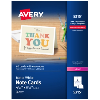 Avery Printable Note Cards For Laser Printers, Uncoated, 4.25&quot; x 5.5&quot;, White, 2 Cards/Sheet, 30 Sheets/Box