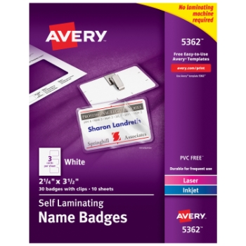 Avery Customizable Self-Laminating Name Badges with Clips, 2-1/4&quot; x 3-1/2&quot;, White, 30/Box