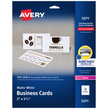 Avery Printable Business Cards For Laser Printers, Uncoated, 2&quot; x 3.5&quot;, Matte White, 10 Cards/Sheet, 25 Sheets/Pack