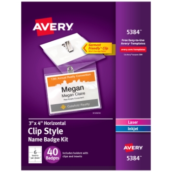 Avery Customizable Name Badges with Clips, 3&quot; x 4&quot;, Clear Name Tag Holders with White Printable Inserts, 40/Box