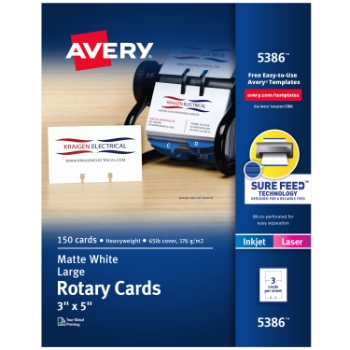 Avery Printable Rotary Cards for Inkjet or Laser Printers, Uncoated, 3&quot; x 5&quot;, White, 3 Cards/Sheet, 50 Sheets/Box