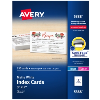 Avery Printable Index Cards For Laser or Inkjet Printers, Uncoated, 3&quot; x 5&quot;, Matte White, 50 Sheets/Box