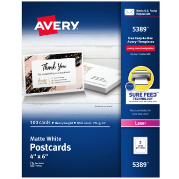Avery Printable Postcards For Laser Printers, Uncoated, 4&quot; x 6&quot;, White, 2 Cards/Sheet, 50 Sheets/Box