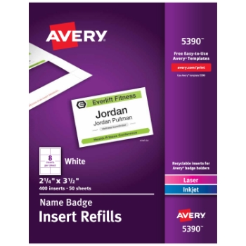 Avery Customizable Name Badge Inserts, 2-1/4&quot; x 3-1/2&quot;, White, 400/Box