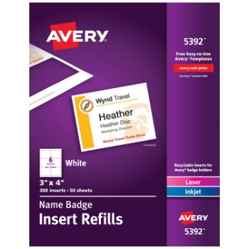 Avery Customizable Name Badge Inserts, 3&quot; x 4&quot;, White, 300/Box