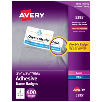 Avery Flexible Printable Removable Name Tags, 2-1/3&quot; x 3-3/8&quot;, Matte White, 400/Box