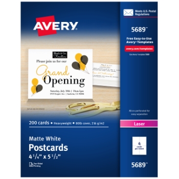 Avery Printable Postcards For Laser Printers, Uncoated, 4.25&quot; x 5.5&quot;, Matte White, 4 Cards/Sheet, 50 Sheets/Box