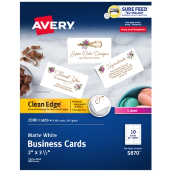 Avery Clean Edge Printable Business Cards For Inkjet Printers, 2&quot; x 3.5&quot;, Uncoated White, 8 Cards/Sheets, 20 Sheets/Box