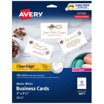 Avery Clean Edge Printable Business Cards For Laser Printers, Uncoated, 2&quot; x 3.5&quot;, Matte White, 10 Cards/Sheet, 20 Sheets/Pack