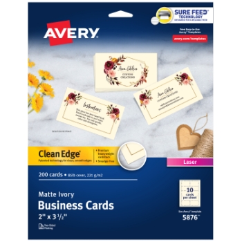 Avery Clean Edge Printable Business Cards for Laser Printers, 2&quot; x 3.5&quot;, Ivory, 10 Cards/Sheet, 20 Sheets/Pack