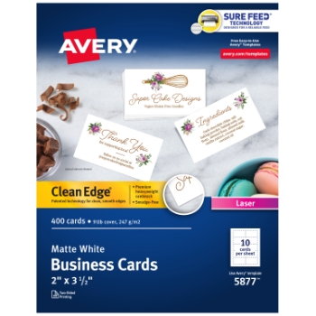 Avery Clean Edge Printable Business Cards for Laser Printer, Uncoated, 2&quot; x 3.5&quot;, White, 10 Cards/Sheet, 40 Sheets/Box