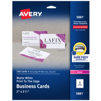 Avery Printable Business Cards For Laser Printers, Uncoated, 2&quot; x 3.5&quot;, Matte White, 8 Cards/Sheet, 20 Sheets/Pack