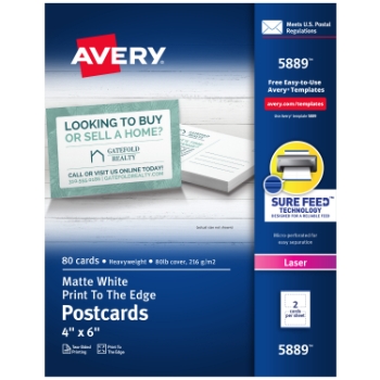 Avery Printable Postcards For Laser Printers, Uncoated, 4&quot; x 6&quot;, White, 2 Cards/Sheet, 40 Sheets/Box