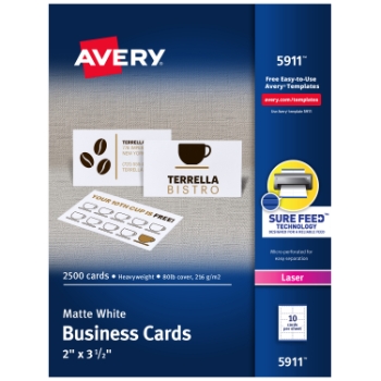 Avery Printable Business Cards For Laser Printers, Uncoated, 2&quot; x 3.5&quot;, Matte White, 10 Cards/Sheet, 250 Sheets/Box