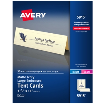 Avery Printable Large Tent Cards, Uncoated, 3.5&quot; x 11&quot;, Matte Ivory with Embossed Border, 50 Sheets/Pack