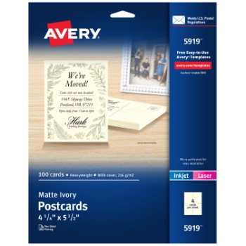 Avery Printable Postcards, Uncoated, 4.25&quot; x 5.5&quot;, Matte Ivory, 100 Cards/Pack