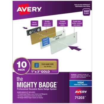 Avery The Mighty Badge Name Badges for Inkjet Printers, 1&quot; x 3&quot;, Gold, 10 Name Tags, 80 Inserts/Pack