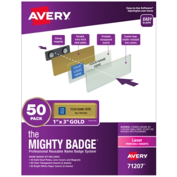 Avery The Mighty Badge Name Badges for Laser Printers, 1&quot; x 3&quot;, Gold, 50 Name Tags, 120 Inserts/Pack
