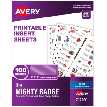 Avery The Mighty Badge Printable Insert Sheets for Inkjet Printers, 1&quot; x 3&quot;, Clear, 100/Pack