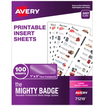 Avery The Mighty Badge Printable Insert Sheets for Laser Printers, 1&quot; x 3&quot;, Clear,100/pack