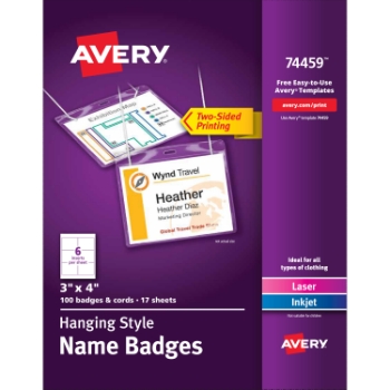 Avery Customizable Name Badges and Inserts, 3&quot; x 4&quot;, 100/Box