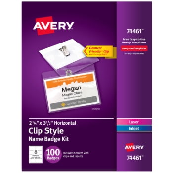 Avery Customizable Name Badges with Clips, 2-1/4&quot; x 3-1/2&quot;, Clear Name Tag Holders with White Printable Inserts, 100/Box