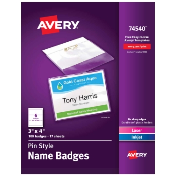 Avery Customizable Name Badges with Pins, 3&quot; x 4&quot;, Clear Name Tag Holders with White Printable Inserts, 100/Box