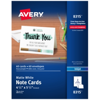 Avery Printable Note Cards with Envelopes For Inkjet Printers, Matte, 4.25&quot; x 5.5&quot;, White, 2 Cards/Sheet, 30 Sheets/Box