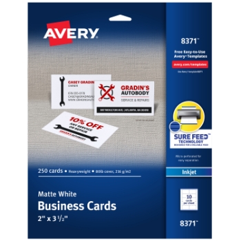 Avery Printable Business Cards For Inkjet Printers, Matte, 2&quot; x 3.5&quot;, White, 10 Cards/Sheet, 25 Sheets/Pack