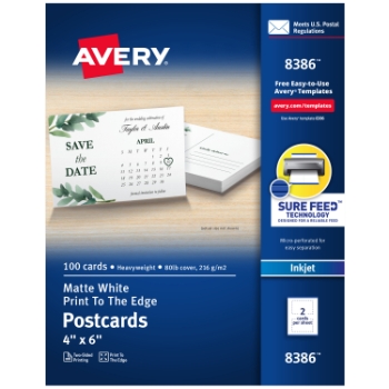 Avery Printable Postcards For Inkjet Printers, Matte, 4&quot; x 6&quot;, White, 2 Cards/Sheet, 50 Sheets/Box