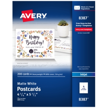 Avery Printable Postcards For Inkjet Printers, Matte, 4.25&quot; x 5.5&quot;, White, 4 Cards/Sheet, 50 Sheets/Box