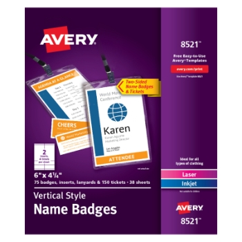 Avery Customizable Vertical Name Tag Holders with Lanyard With Printable Name Tag Inserts , 6&quot; x 4-1/4&quot;, 75/Pack