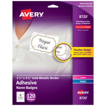 Avery Printable Name Tags, 2-1/3&quot; x 3-3/8&quot;, White with Gold Border, 120/Pack