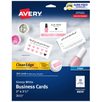 Avery Clean Edge Printable Business Cards For Laser Printers, Matte 2&quot; x 3.5&quot;, Glossy White, 200 Cards/Pack