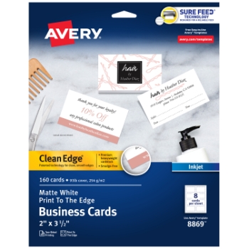 Avery Clean Edge Printable Business Cards For Inkjet Printers, Matte, 2&quot; x 3.5&quot;, White, 8 Cards/Sheet, 20 Sheet/Box