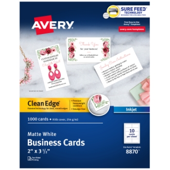 Avery Clean Edge Printable Business Cards For Inkjet Printers, Matte, 2&quot; x 3.5&quot;, White, 10 Cards/Sheet, 100 Sheets/Box