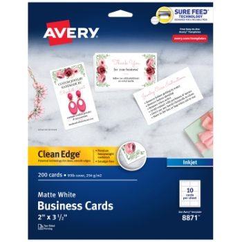 Avery Clean Edge Printable Business Cards For Inkjet Printers, Matte, 2&quot; x 3.5&quot;, White, 10 Cards/Sheet, 20 Sheets/Pack