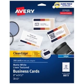 Avery Clean Edge Printable Business Cards For Inkjet Printers, Linen, 2&quot; x 3.5&quot;, Matte White, 10 Cards/Sheet, 10 Sheets/Pack